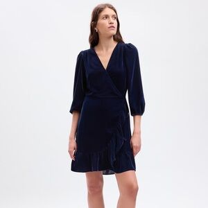 NWT Gap wrap dress Navy Blue Velvet Ruffle V Neck Long Sleeve